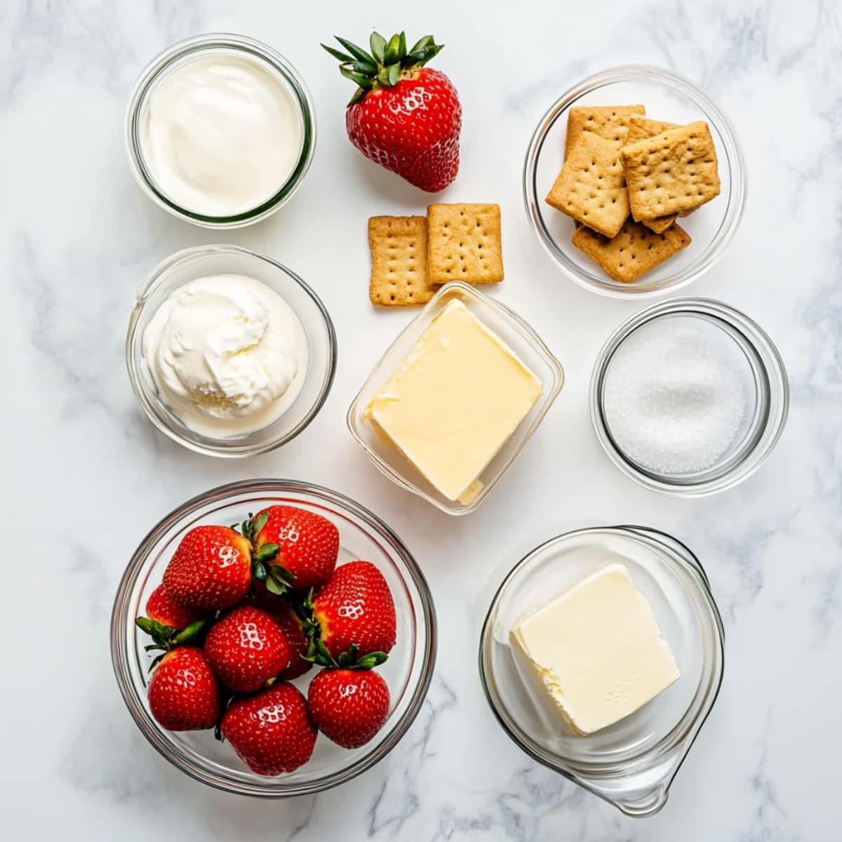 Flatlay photo of strawberry cheesecake ice cream ingredients including strawberries, cream cheese, butter, sugar, crackers, and sour cream on a marble background.