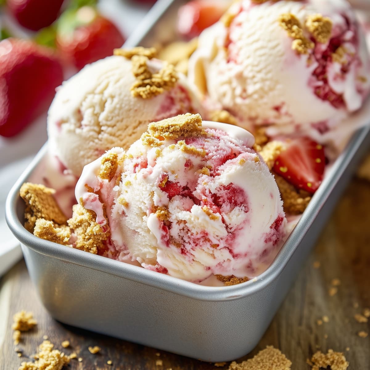 Close-up of three scoops of strawberry cheesecake ice cream with visible strawberry swirls and graham cracker chunks in a metal loaf pan.