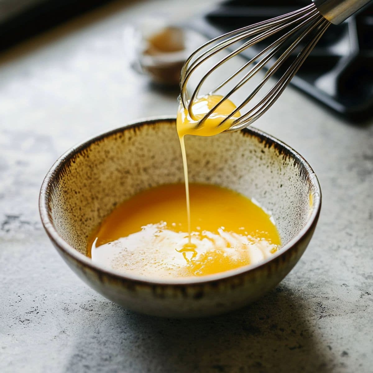 Whisking golden egg yolks in a ceramic bowl, showing the tempering process for hollandaise sauce