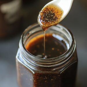 Spoon drizzling glossy vanilla bean paste into a glass jar