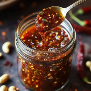 Jar of Salsa Macha with spoon dripping chili oil and nut mixture over the top