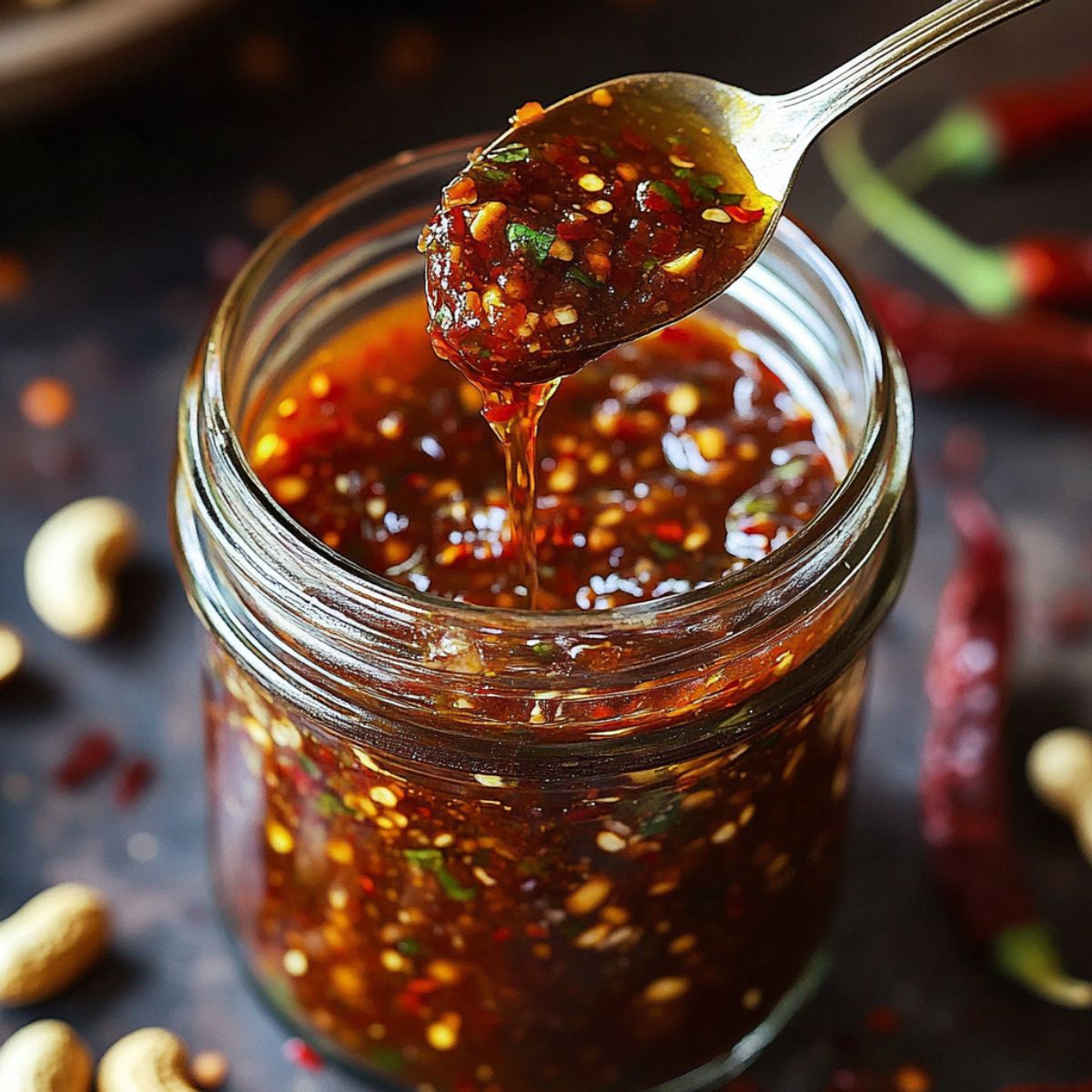 Jar of Salsa Macha with spoon dripping chili oil and nut mixture over the top