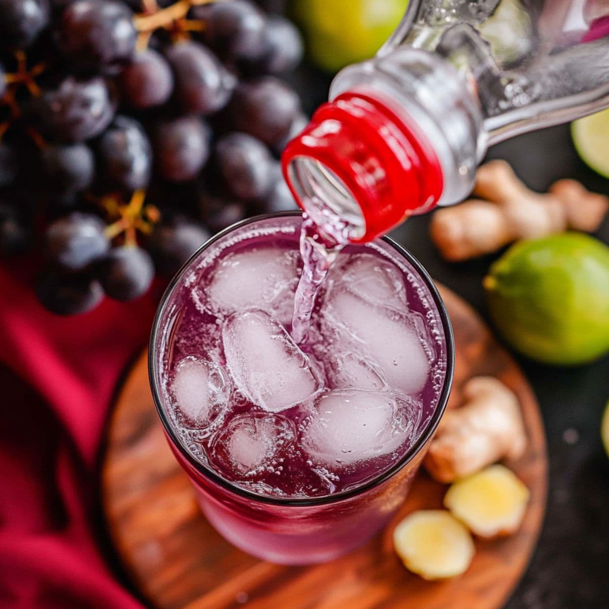 Pouring chilled ginger ale into a glass of ice and grape juice for a Transfusion cocktail