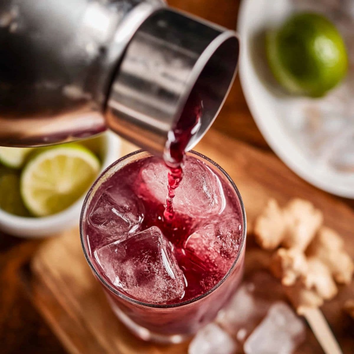 Pouring grape cocktail base into a glass of ice for a Transfusion drink, with lime and ginger nearby