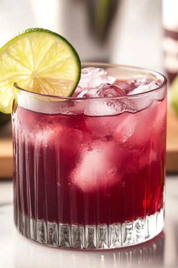 Transfusion Recipe in a glass with ice and lime garnish, a refreshing summer drink