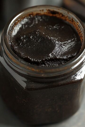 Open jar filled with glossy dark vanilla bean paste from a homemade vanilla paste recipe