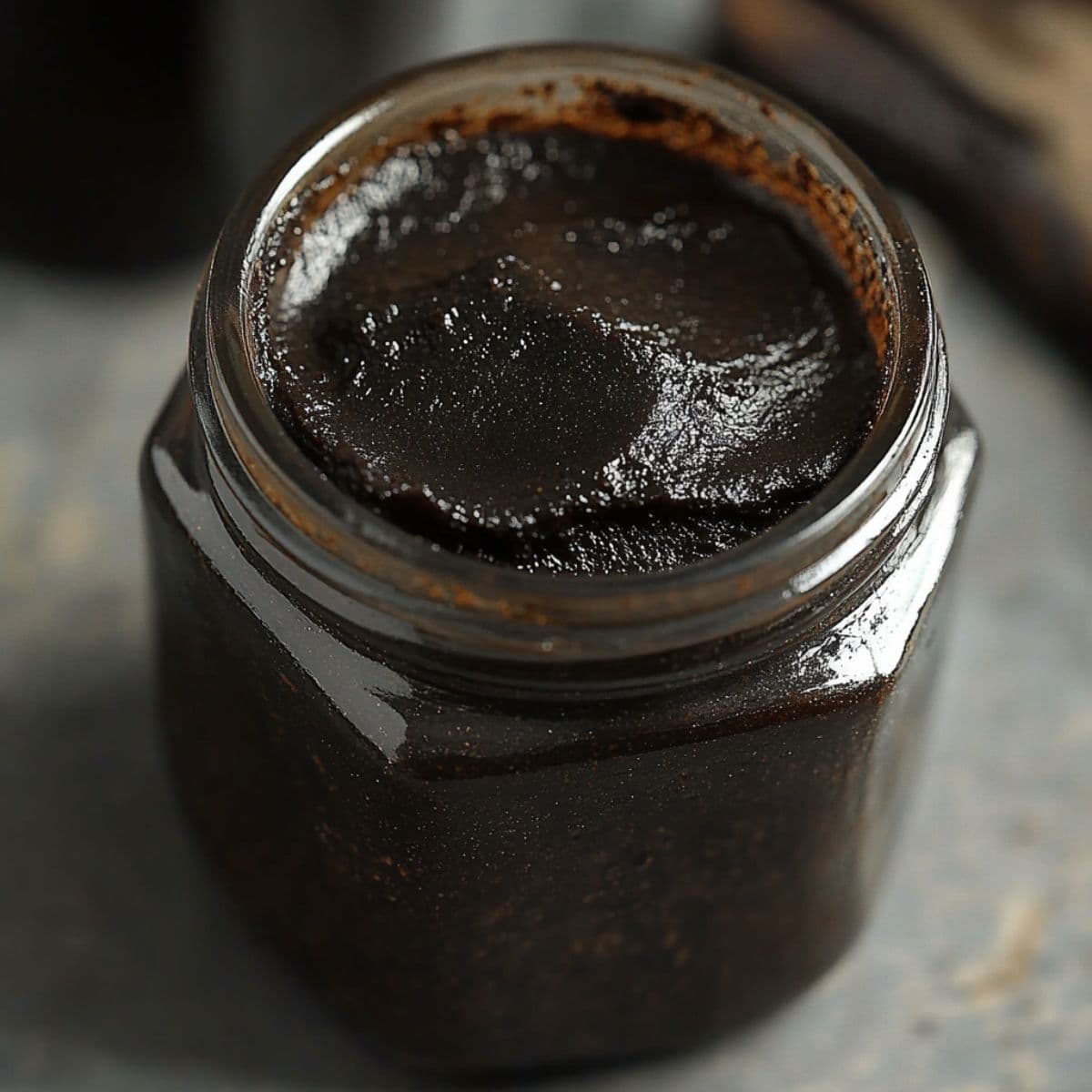 Open jar filled with glossy dark vanilla bean paste from a homemade vanilla paste recipe