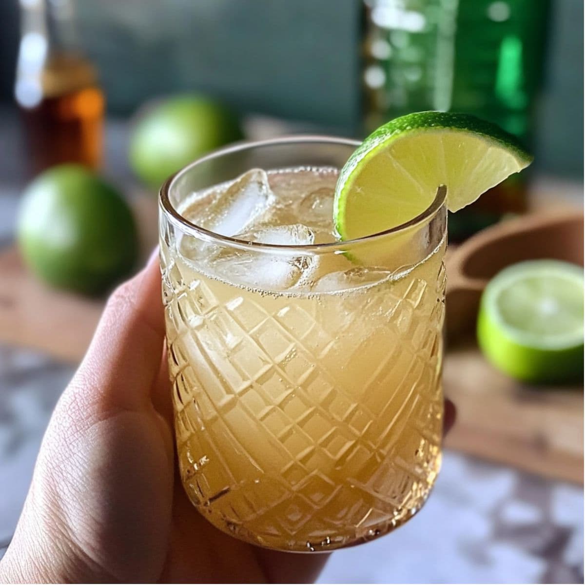Hand holding Kentucky Mule cocktail with lime garnish