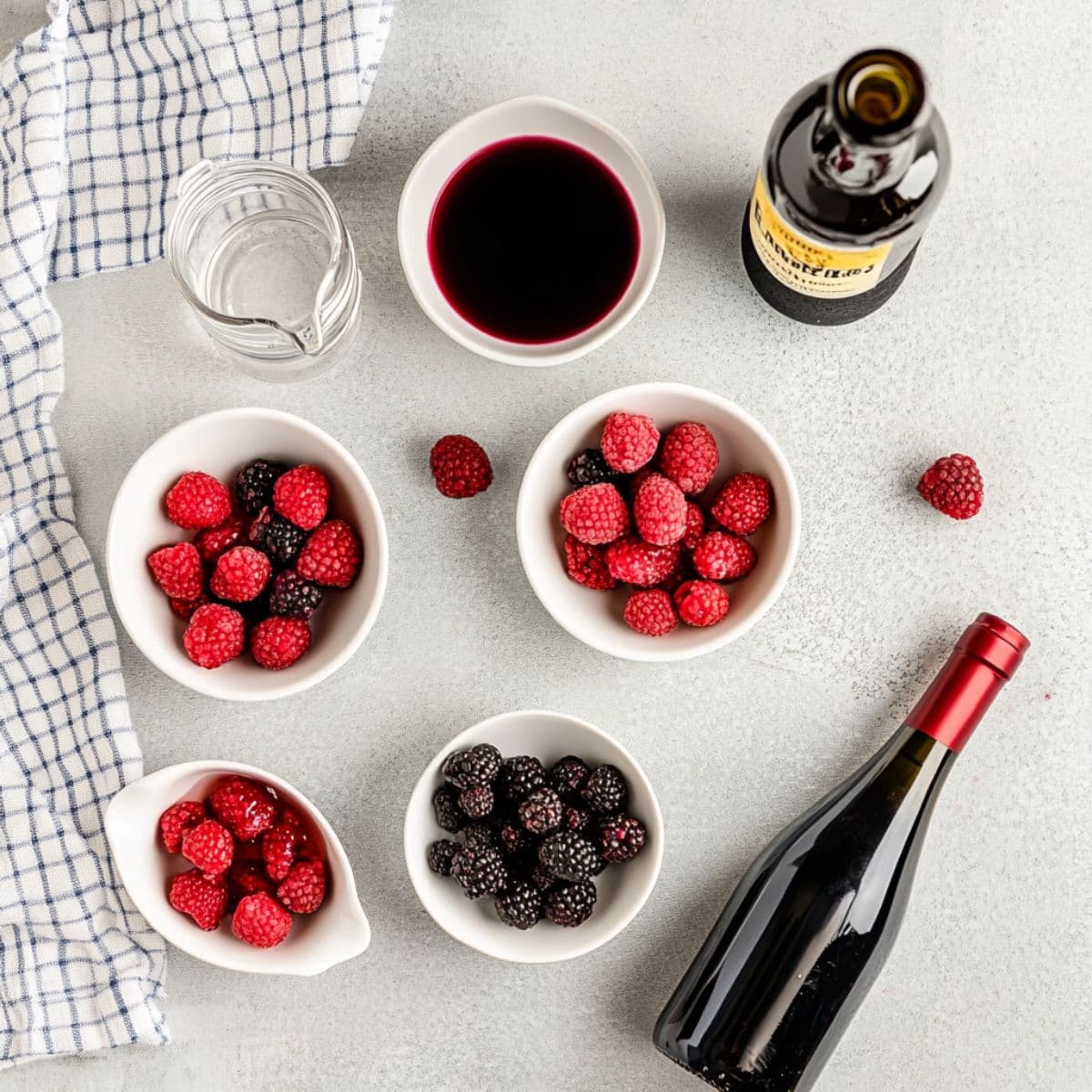 Top-down flat lay of ingredients for red wine slushie