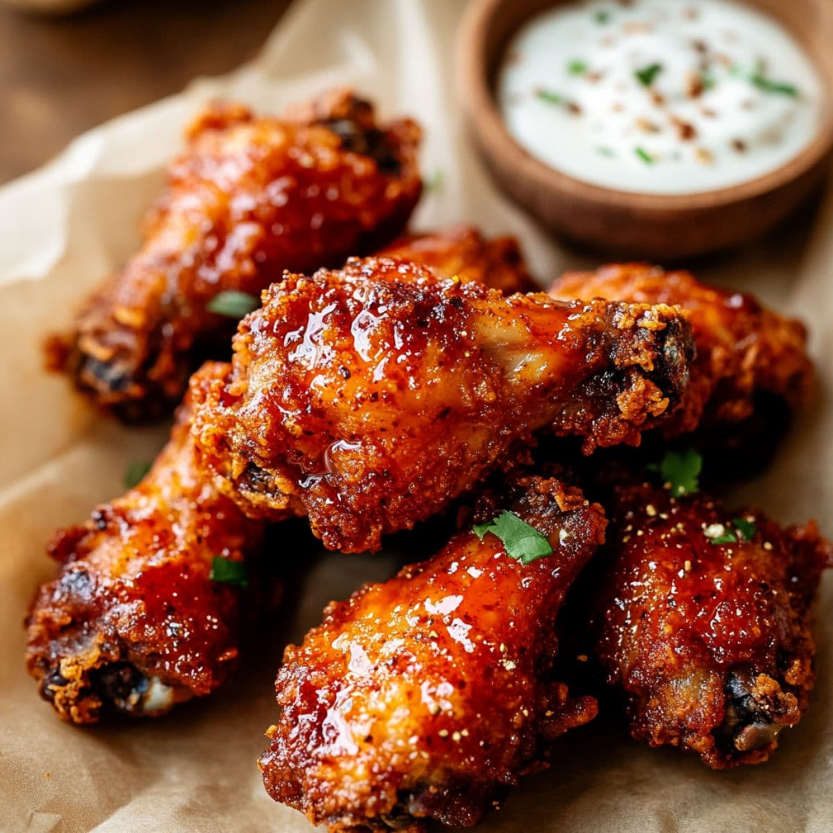 Air fryer chicken wings with creative buffalo sauce modification showing glossy red sauce coating, crispy texture and ranch dipping sauce for flavor variations