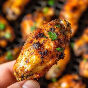 Air fryer chicken wings perfectly crispy and golden brown being held showing incredible seasoning, crispy skin texture and fresh parsley garnish ready to serve