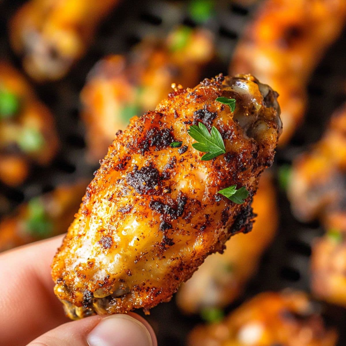 Air fryer chicken wings perfectly crispy and golden brown being held showing incredible seasoning, crispy skin texture and fresh parsley garnish ready to serve