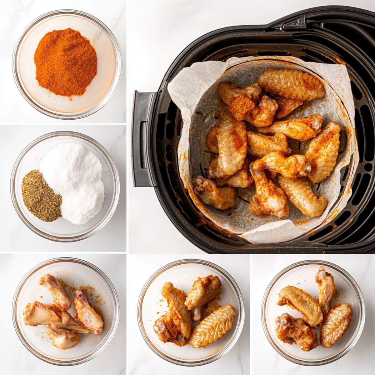 Air fryer chicken wings spice blend process showing paprika, garlic powder, salt and pepper in bowls, plus seasoned wings in air fryer basket and coating steps
