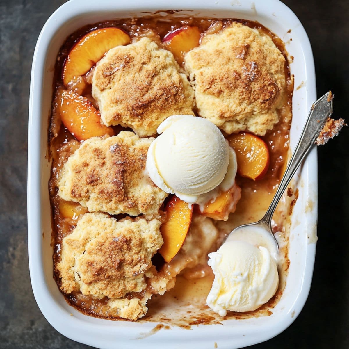 Peach cobbler recipe in white baking dish with vanilla ice cream scoops showing perfect serving presentation for summer dessert