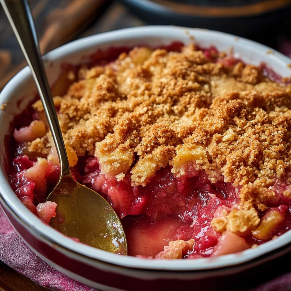 A baked rhubarb crisp in a white dish with a golden crumble topping and a spoon scooping into the warm filling.