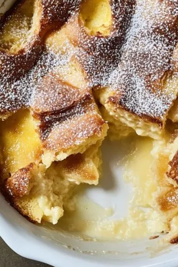 Homemade bread pudding cut into squares in white ceramic dish revealing soft custardy texture with golden brown top