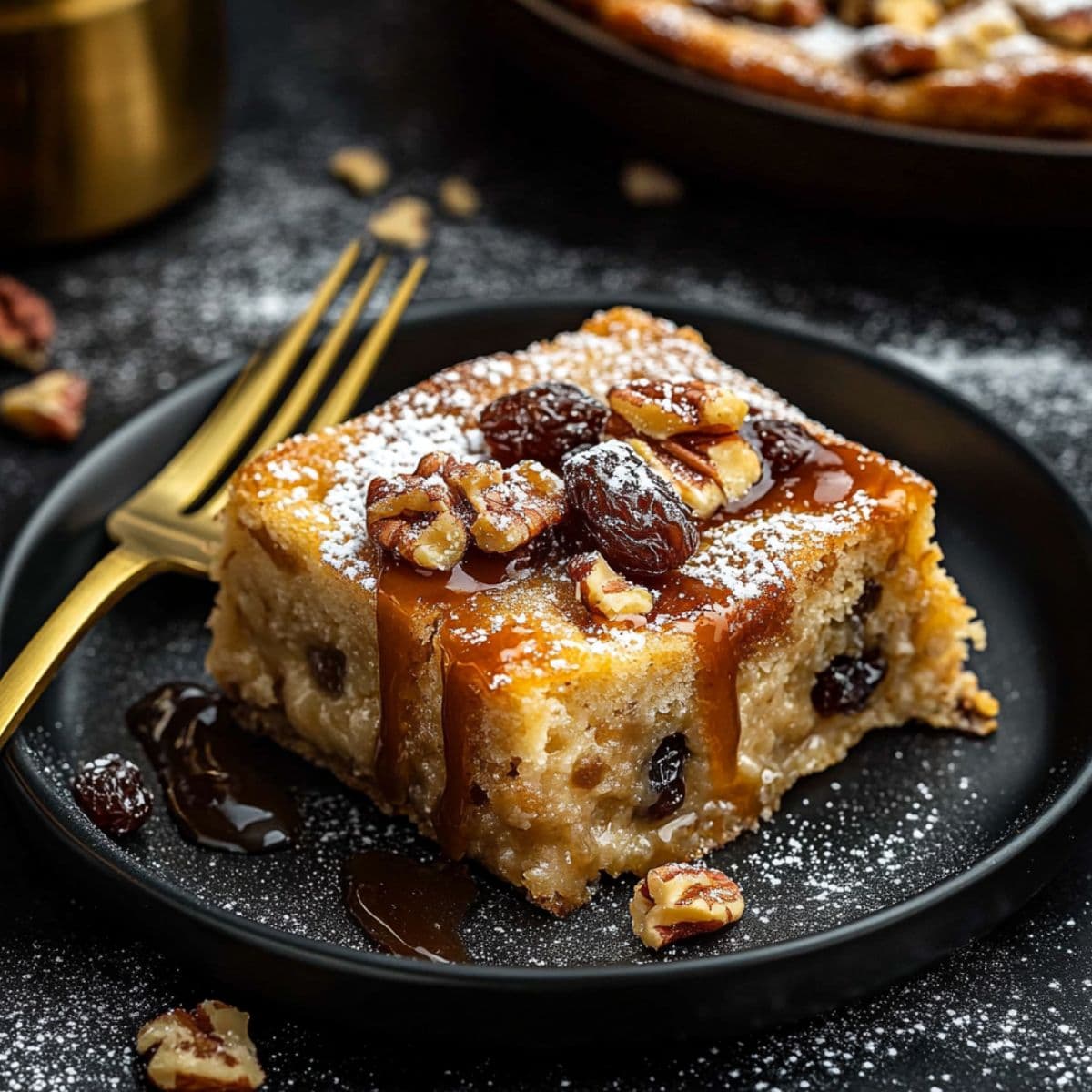 Rich bread pudding square with brown sugar sauce, raisins and pecans on black plate, dusted with powdered sugar