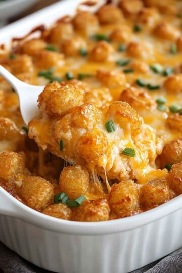 A close-up of a cheesy tater tot casserole being served from a white ceramic baking dish. The golden-brown tater tots are topped with melted cheese and garnished with chopped green onions. A white spoon is lifting a gooey, cheesy portion from the dish.