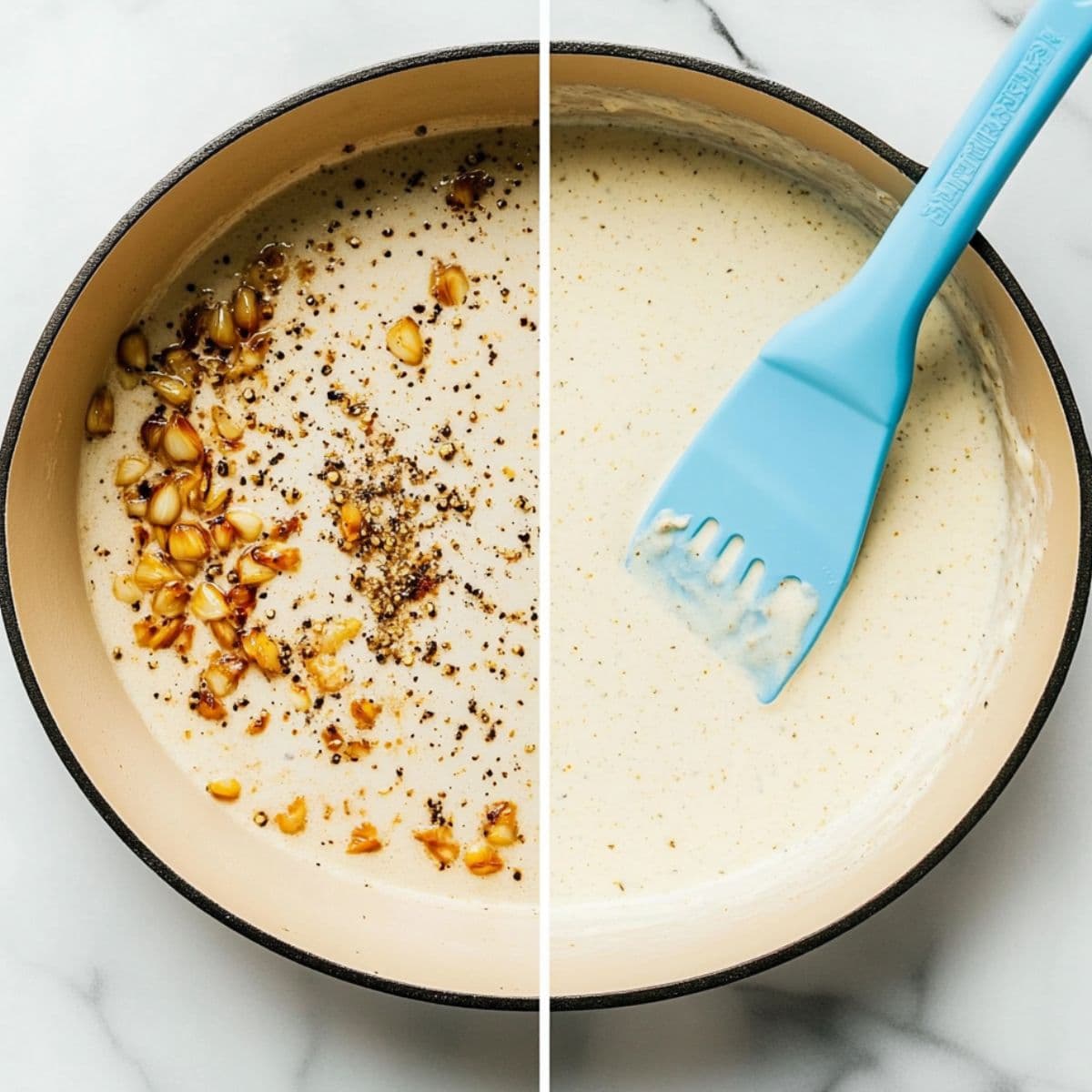 Creamy ranch sauce in progress – garlic, black pepper, and seasonings blended into a skillet with a blue spatula stirring. Make the Sauce of Chicken Bacon Ranch Pasta.