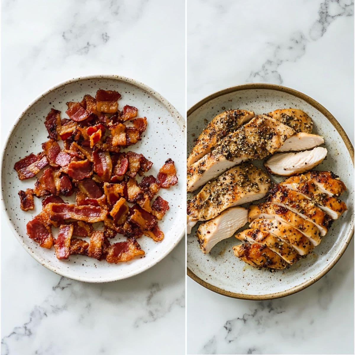 Cooked and sliced seasoned chicken breasts with crispy bacon on ceramic plates – Prepare the Chicken of Chicken Bacon Ranch Pasta.