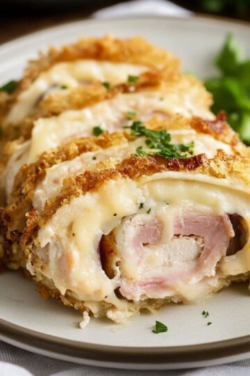 Sliced chicken cordon bleu showing melted Swiss cheese and ham filling with golden crispy coating on white plate garnished with fresh parsley