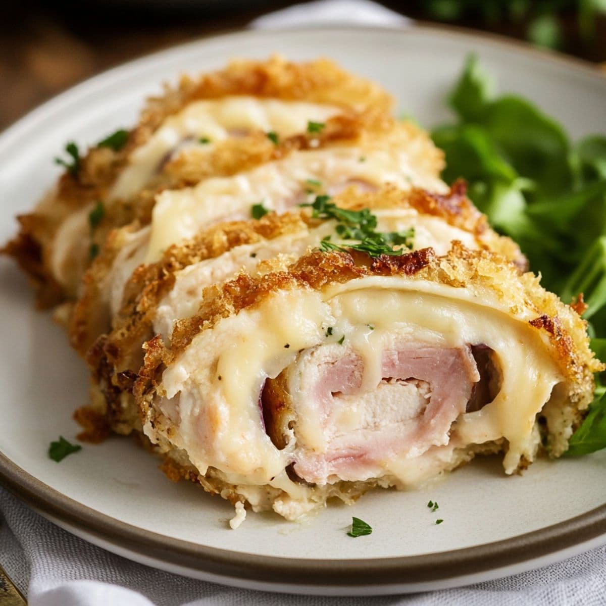 Sliced chicken cordon bleu showing melted Swiss cheese and ham filling with golden crispy coating on white plate garnished with fresh parsley