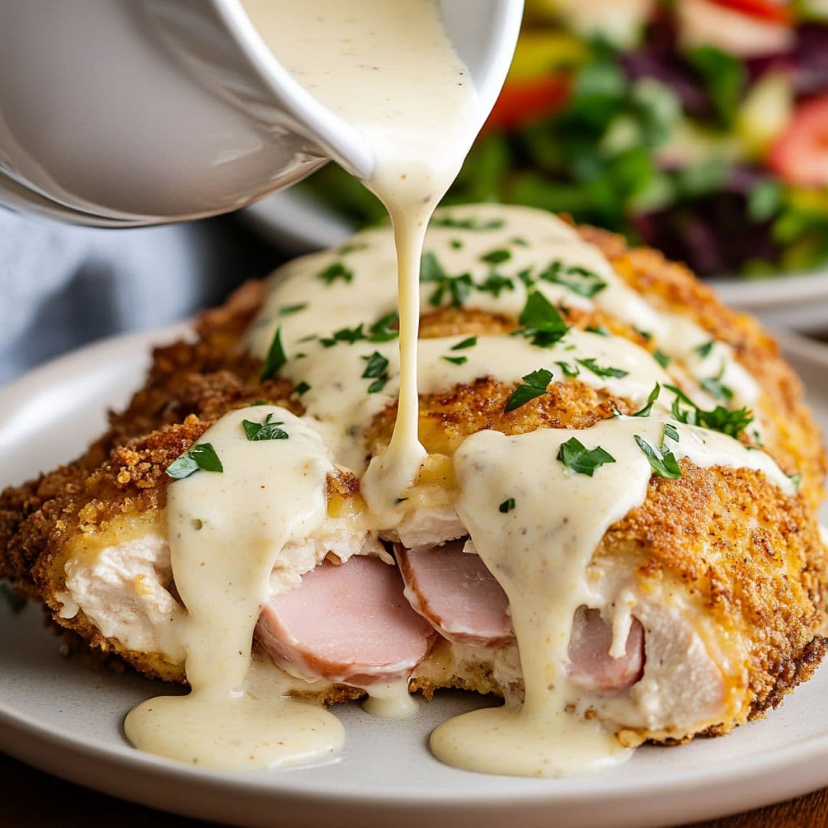 Creamy Dijon sauce being poured over golden baked chicken cordon bleu with visible ham filling garnished with fresh parsley on white plate