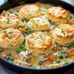 Golden brown buttermilk biscuits on top of creamy chicken pot pie filling with tender chicken pieces, bright green peas, orange carrots, and fresh herbs in black cast iron skillet