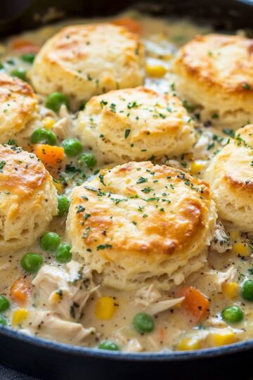 Golden brown buttermilk biscuits on top of creamy chicken pot pie filling with tender chicken pieces, bright green peas, orange carrots, and fresh herbs in black cast iron skillet