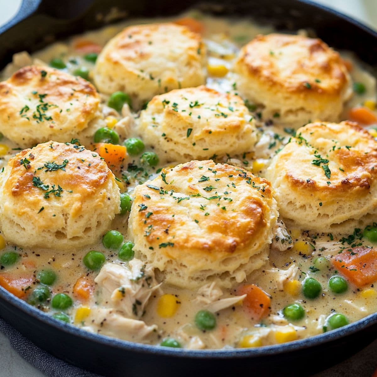Golden brown buttermilk biscuits on top of creamy chicken pot pie filling with tender chicken pieces, bright green peas, orange carrots, and fresh herbs in black cast iron skillet