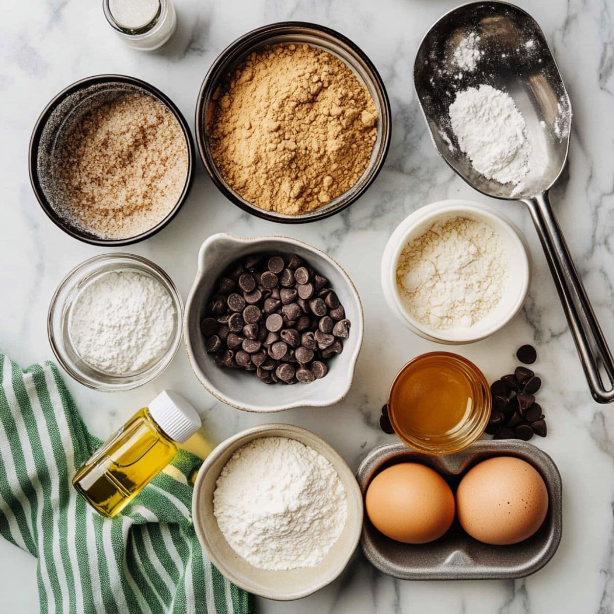 Organized flat lay of chocolate chip cookie ingredients including flour, brown sugar, granulated sugar, chocolate chips, eggs, vanilla extract, and baking soda arranged in bowls on marble surface