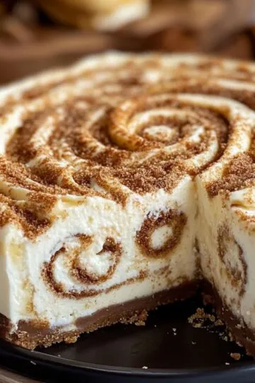 Cinnamon roll cheesecake sliced showing internal swirl layers with graham cracker crust and cream cheese filling with cinnamon patterns