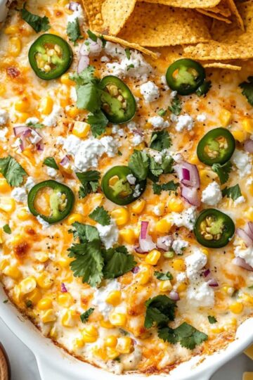 Golden bubbly Mexican street corn dip in white baking dish topped with melted cheese, fresh cilantro, sliced jalapeños, red onions, and crumbled feta with tortilla chips on the side