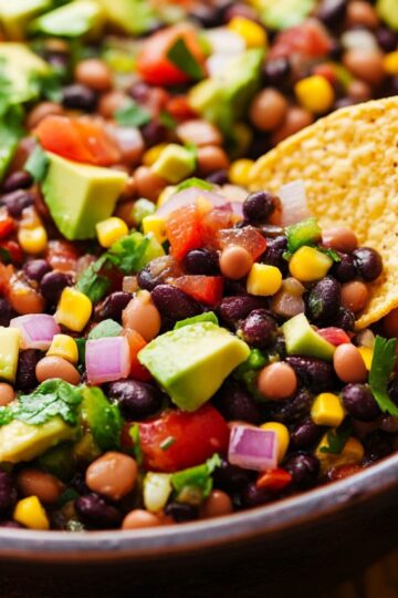 Cowboy caviar recipe showing colorful bean and vegetable mixture with tortilla chip being dipped into fresh salad