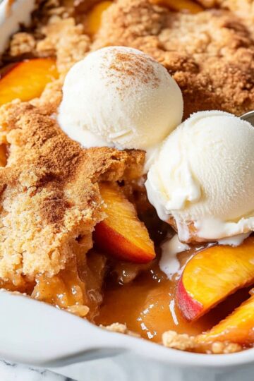 Peach cobbler recipe showing golden biscuit topping with fresh peaches and vanilla ice cream scoops in white baking dish