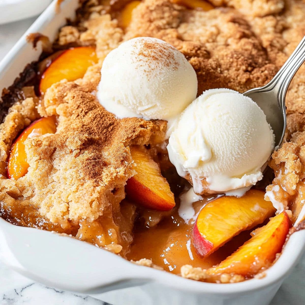 Peach cobbler recipe showing golden biscuit topping with fresh peaches and vanilla ice cream scoops in white baking dish