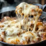 Melted gruyere cheese stretching from spoon over french onion chicken in cast iron skillet showing cheese pull effect