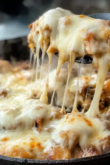 Melted gruyere cheese stretching from spoon over french onion chicken in cast iron skillet showing cheese pull effect
