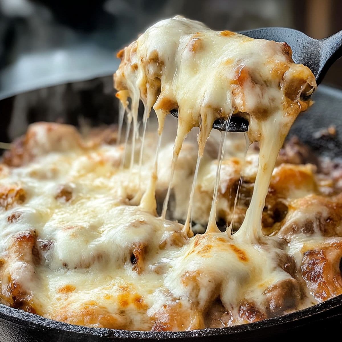 Melted gruyere cheese stretching from spoon over french onion chicken in cast iron skillet showing cheese pull effect