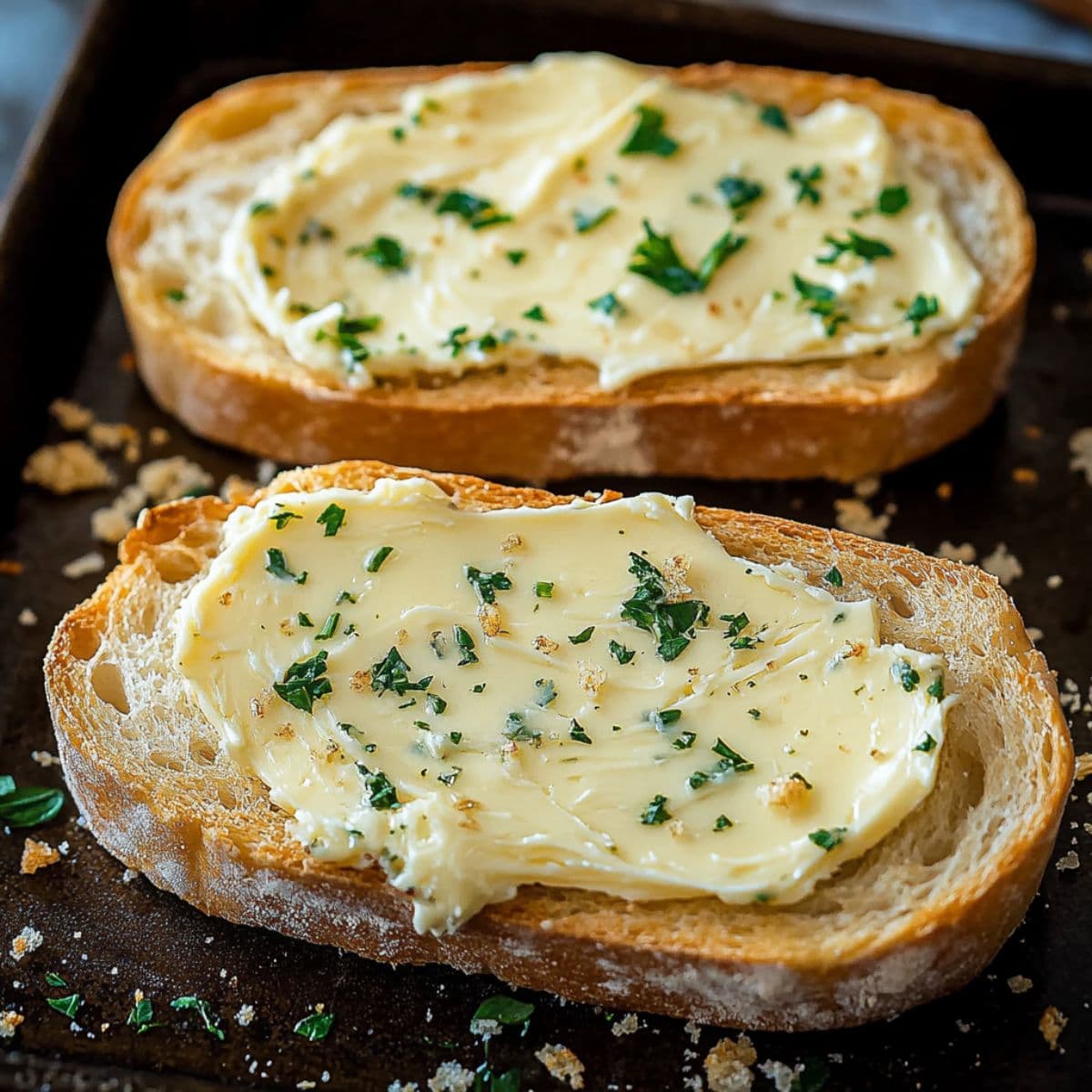 Homemade garlic butter spread on toasted bread slices with fresh parsley and herbs