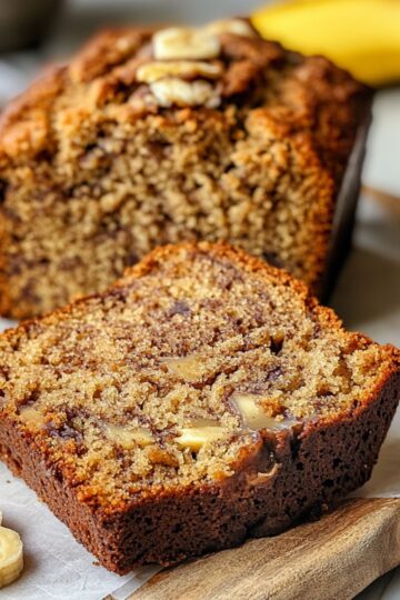 Healthy banana bread close-up showing incredibly moist texture with visible banana pieces and golden brown crumb on wooden board with fresh bananas