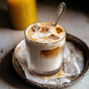 Completed honey oat milk latte with beautiful layers, ice cubes, and turbinado sugar garnish on top, served in elegant ribbed glass with vintage spoon on decorative plate