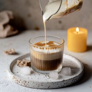 Creamy oat milk being poured into glass cup creating beautiful layered honey oat milk latte with ice cubes, showing perfect cafe-style presentation on ceramic plate with candle
