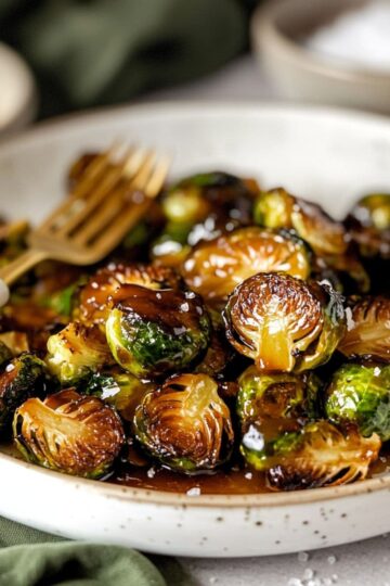 Ultimate Longhorn Brussels sprouts copycat recipe with perfect golden caramelized edges and glossy honey butter sauce in elegant white serving dish