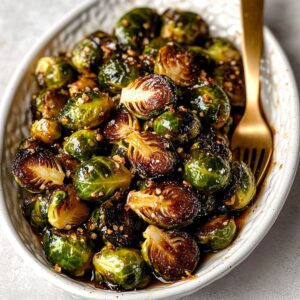 Perfect Longhorn Brussels sprouts finished dish with golden crispy edges and honey butter sauce coating in white bowl with gold fork