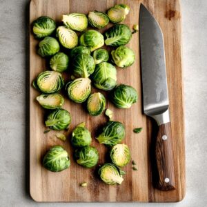 Fresh Brussels sprouts cut in half on wooden cutting board with knife, showing proper preparation technique for Longhorn steakhouse copycat recipe