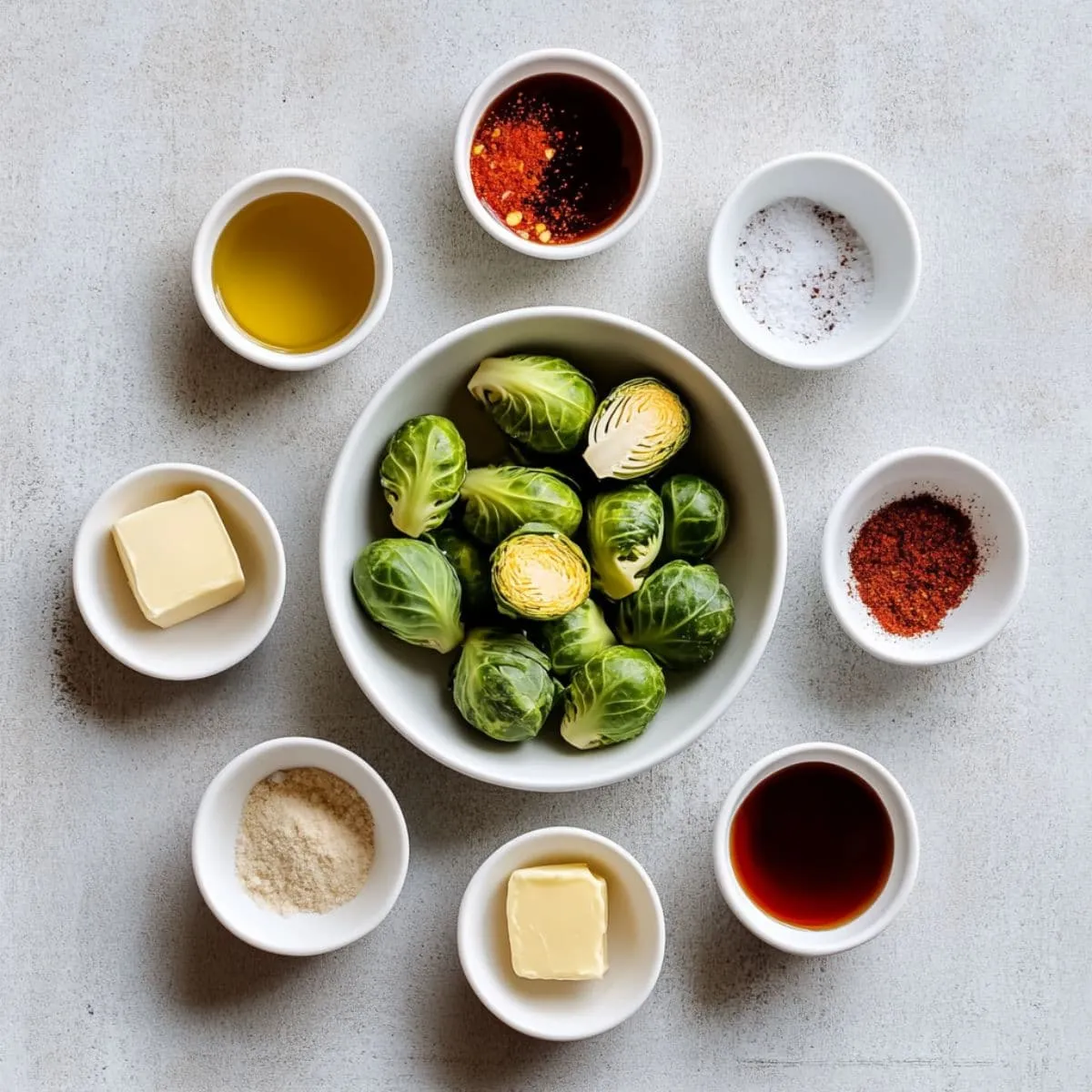 Complete Longhorn Brussels sprouts recipe ingredients arranged in white bowls including fresh Brussels sprouts, butter, honey, spices and seasonings for copycat recipe