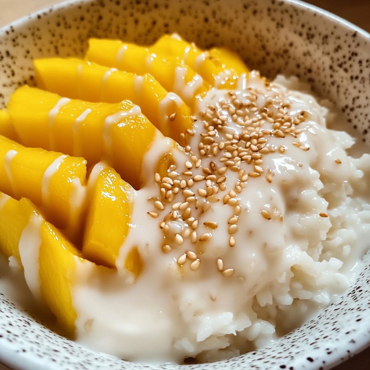 Mango sticky rice recipe showing coconut sticky rice with fresh yellow mango slices, coconut sauce drizzle and sesame seeds in speckled bowl