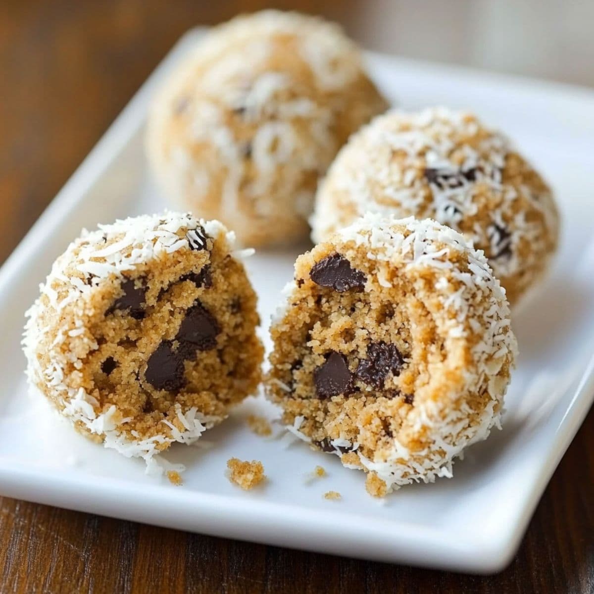 Moose farts recipe. final presentation showing cut open treats with perfect interior texture revealing chocolate chips and coconut on white serving plate