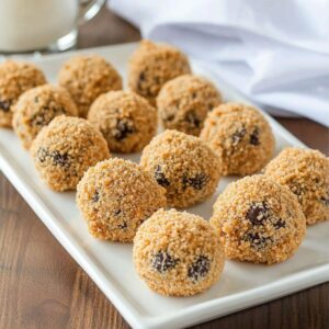 Moose farts recipe finished batch showing multiple golden coconut-coated no-bake treats with chocolate chips arranged on white serving platter
